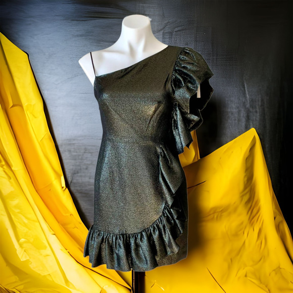 Sandro Effie Metallic One Shoulder Mini Ruffle Dress Size Medium - Picture 1 of 13